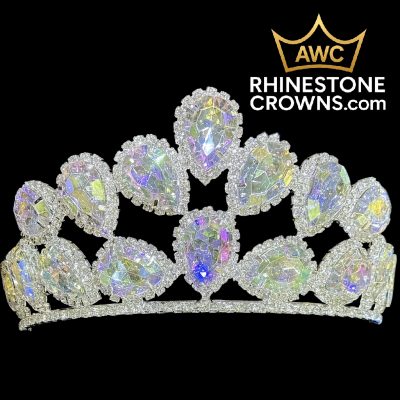 The Alessandra Series - 3" Wide Span Crown features large iridescent teardrop gems set in a silver base, ideal for brides or pageants. Shown on a black background with the AWC RhinestoneCrowns.com logo in the top right corner.