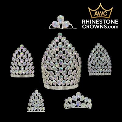 The Alessandra Series: six sparkling rhinestone crowns in various sizes and shapes on a black background—ideal for quinceañeras or pageants. Features "AWC RHINESTONECROWNS.com" text and crown logo in the top right corner.