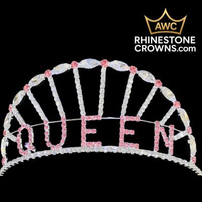 The Regal Queen - 3" Crown features sparkling rhinestones spelling QUEEN in pink, with the AWC RhinestoneCrowns.com gold crown logo in the top right corner, all displayed on a bold black background.