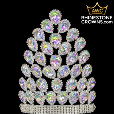 The Alessandra Series - 8.5" Crown features sparkling rhinestones and large teardrop iridescent gems in rows on a silver band, with the AWC Rhinestone Crowns.com logo at the top right.