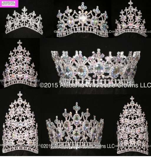A collage showcases nine sparkling "The Kimmy Series - 3.25" Tiaras," each adorned with rhinestones, gems, and intricate floral patterns, displayed on a black background with elegant detailing.