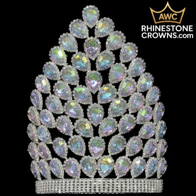 The Bellee Series - 10" Crown features layered, iridescent teardrop rhinestones on a silver base, ideal for proms, quinceañeras, or dances. The upper right displays the AWC Rhinestone Crowns logo.