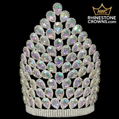 The Penelope Series - 14.75" Crown features tall, ornate rhinestone design with pear-shaped iridescent gems in layered rows. Pre-purchase only—ships up to 4 weeks after purchase. "Quantity in stock" refers to this production run.