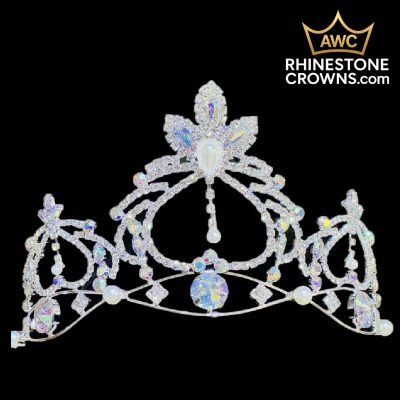 The Pearl Series-3" Wide Span crown features sparkling rhinestones in intricate loops and floral designs, with large round and teardrop gems, displayed on a black background with the AWC Rhinestone Crowns logo in the corner.