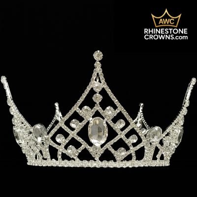 The Lyric Series - 4"x6" Fully Round Crown features sparkling silver rhinestones, intricate patterns, and oval gemstones—ideal for dance or pageants—displayed on black with the AWC Rhinestone Crowns gold and white logo in the upper right.