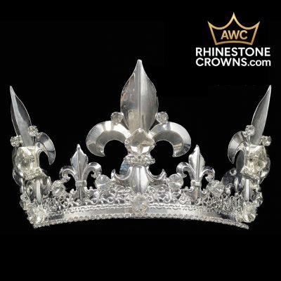 The Cash Series-4.5"x6.5"-Silver: A silver rhinestone crown with bold fleur-de-lis designs, ideal for pageants or quinces, displayed on black. AWC RhinestoneCrowns.com logo is in the upper right corner.