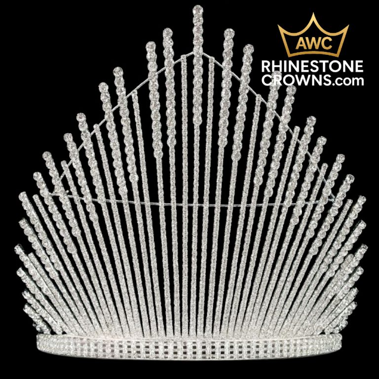 The Glamour Spray Series-3"x5" Fully Round Crown features tall, fan-shaped rhinestone lines—an ideal pageant accessory—shown on a black background with the AWC RHINESTONECROWNS.com logo in the top right corner.