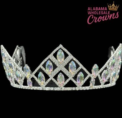 The Maylee Series-3"x8" Fully Round Crown features sparkling marquise-cut gems in a silver lattice design, set against a black background. The Alabama Wholesale Crowns logo with a gold crown is displayed in the top right corner.
