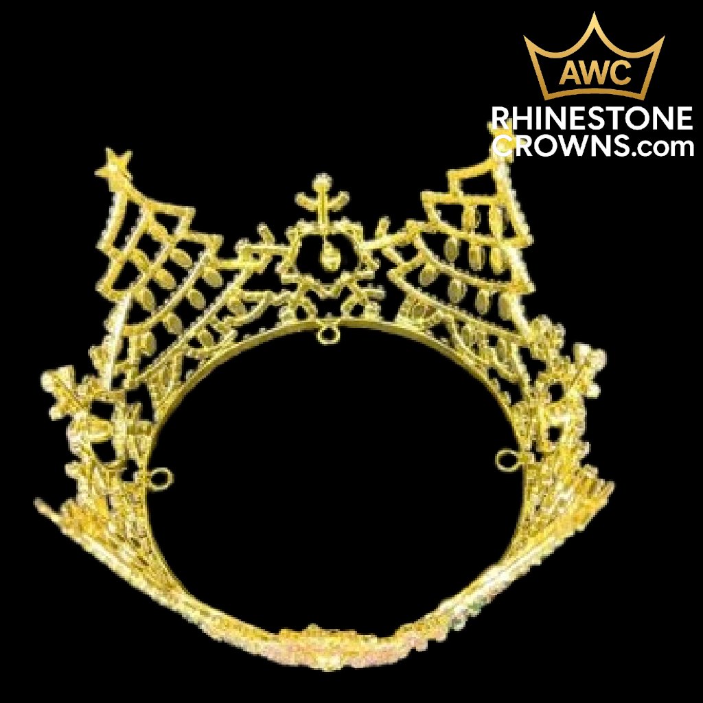 The Jingle All The Way Series-3"x5" Fully Round Crown—featuring golden rhinestones and cat ear shapes—is shown on a black background with “AWC RhinestoneCrowns.com” and a crown logo at the top right.