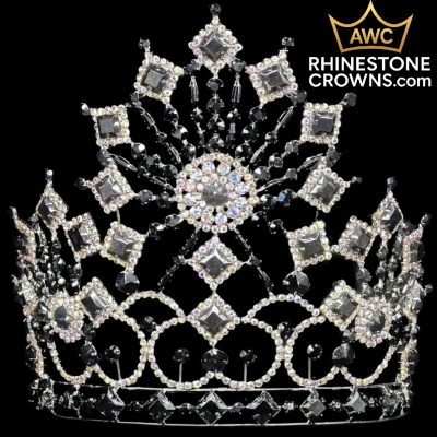 The Midnight Onyx - 8" Crown sparkles with square and round gems in a sunburst pattern on black, ideal as a pageant accessory. “AWC RHINESTONECROWNS.com” is shown at the top right.