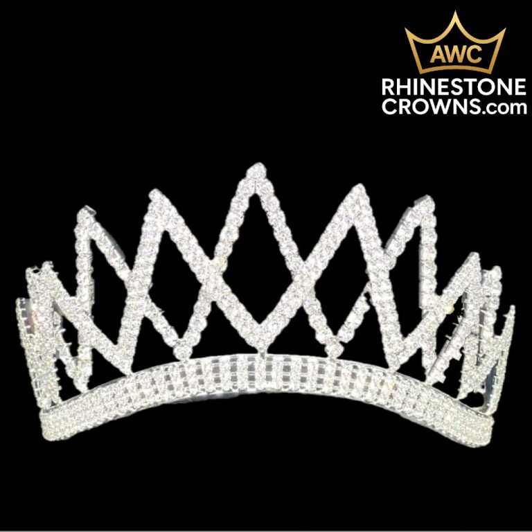 The Clear Melissa Series-3" Wide Span rhinestone crown with a zigzag design is set against a black background, featuring the AWC RhinestoneCrowns.com logo in the top right corner.