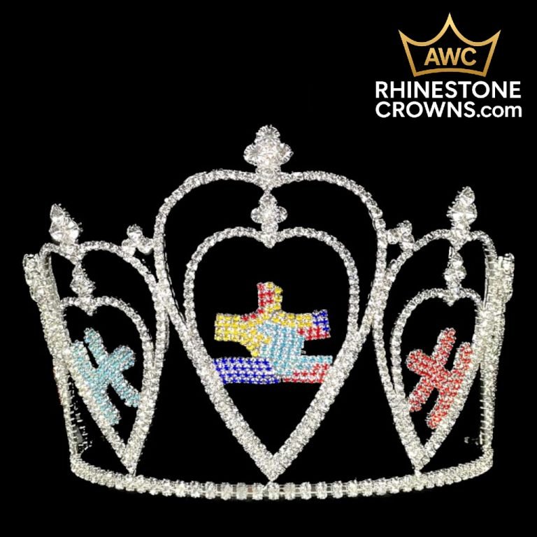 The Patriotic Alessandra Series-6.25" crown features sparkling rhinestones, heart arches, and colorful puzzle pieces, perfect for prom or pageants. Displayed on black with the AWC RhinestoneCrowns.com logo in the top right corner.