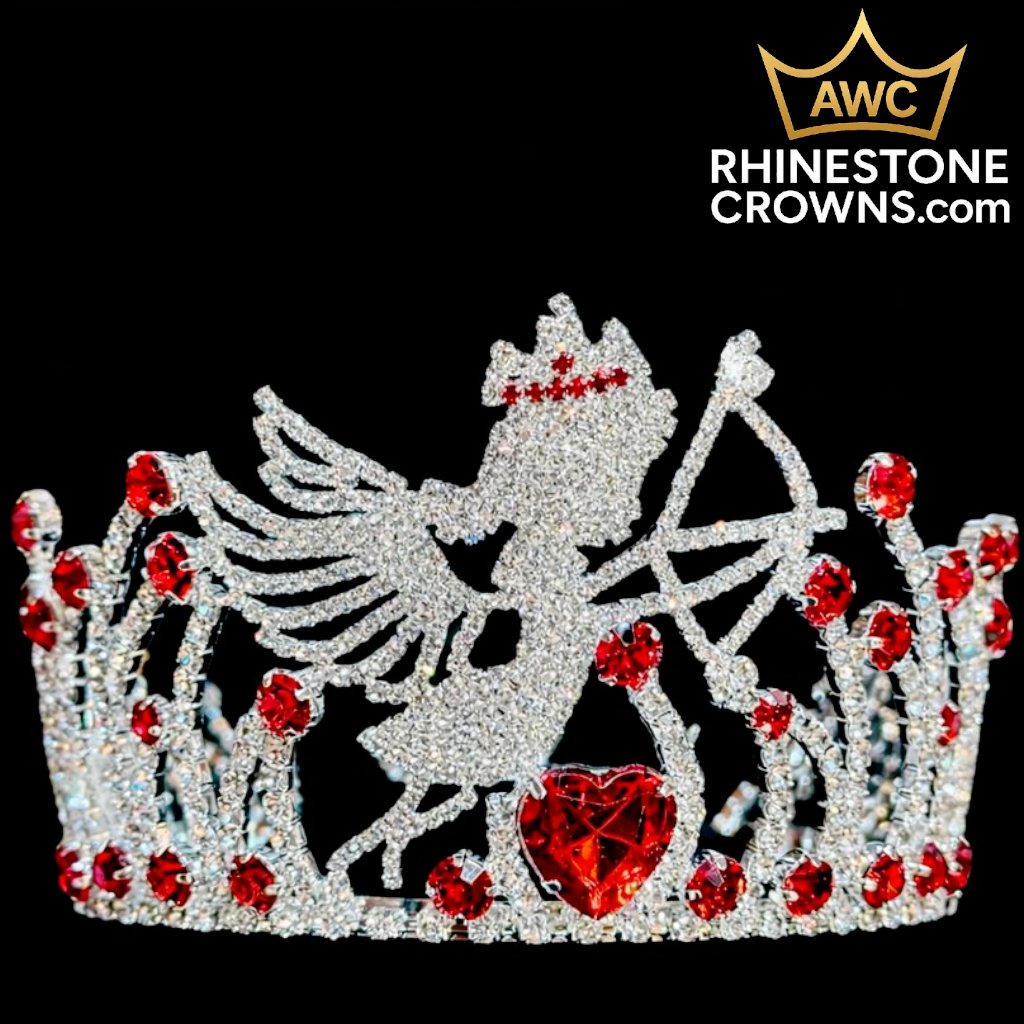 The Cupid's Bow Series - 3"x5" Round Crown features a sparkling rhinestone angel or cupid with a bow and crown, red gem accents, and a large heart-shaped jewel. Black background with AWC RhinestoneCrowns.com in the top right.