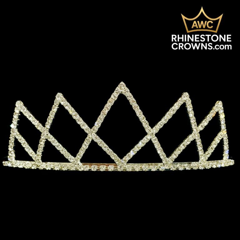 The Sue - 2" Wide Span Tiara, a gold rhinestone crown with a pointed geometric design, rests on a black background. The AWC logo and RHINESTONECROWNS.com appear top right—ideal for quinceañeras or as a pageant accessory.