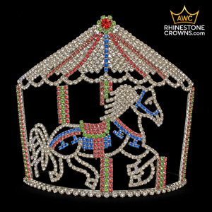 Carousel 5-inch rhinestone crown with a colorful carousel horse design and the AWC logo