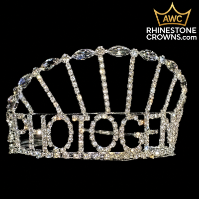 Regal Photogenic 3-inch silver tiara with rhinestone PHOTOGENIC lettering on a black background